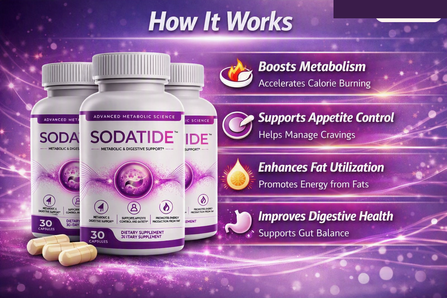 Diagram showing how Sodatide boosts metabolism, supports appetite control, enhances fat utilization, and improves digestive health